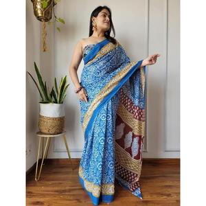 TRABAJO DE ESTAMPADO DIGITAL DE LINO ATRACTIVO SAREE CON BOLUSE SKY SIN COSTURA - Product Image 1