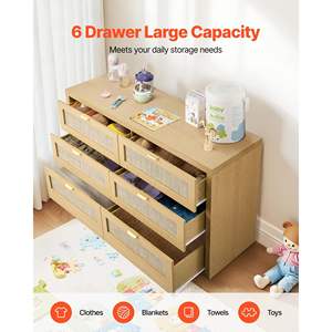 Modern Wood <b>Chest</b> 6-Drawer Rattan Dresser Burlywood Finish Double Dresser Metal <b>Handle</b> for Bedroom Living Room Hallway Storage - Product Image 2