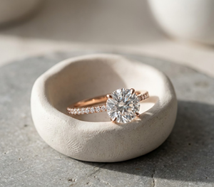 Élégante bague de fiançailles solitaire en or plaqué 18K 14K avec diamant taille brillant rond et micro-pavé de diamants sur le côté, cadeau pour femme - Product Image 1