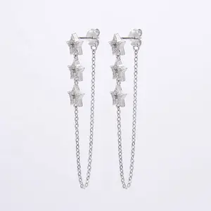 Women's Jewelry Tassel Chain Earrings 925 Sterling Silver Pentagon Star Hanging Single Chain Stud Earrings