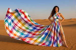 Vestido de satén maxi de lujo multicolor con estampado de cuadros arcoíris para sesiones de fotos en la playa, vestido de noche premium a rayas coloridas - Product Image 2