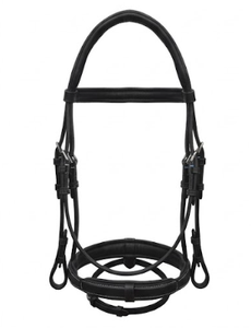Bridon équestre TAK en cuir noir pleine taille avec muserolle à sangle et surpiqûres blanches, modèle Vt-1194 - Product Image 1