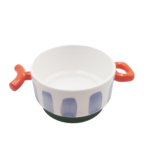 Bol à soupe en céramique créatif avec des éclaboussures bleues et des poignées rouges contrastées, vaisselle moderne - Product Image 3