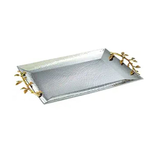 Elegant Designer Oval Shape Food <b>Serving</b> <b>Tray</b> Finest Quality Silver Metal <b>Tray</b> With <b>Gold</b> Leaf Design Handle For Hotel Supplies - Product Image 5