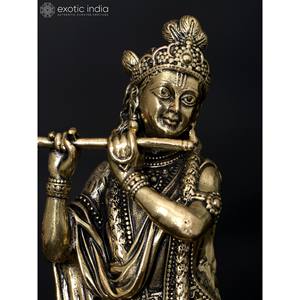 Statue de Lord Krishna en laiton de 6 pouces faite à la main, support à cannelures superfines sur sculpture de base en jade - Product Image 3