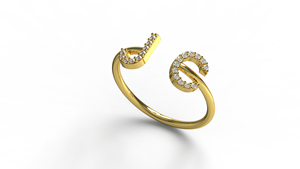 18K Gold Two <b>Initial</b> <b>Ring</b> Pave Diamond Letter J C Alphabet Open Adjustable <b>Ring</b> Monogram Name Bypass Band Fine Jewelry Women - Product Image 2