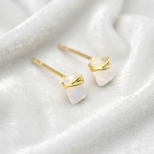 Ratnarachit Hand Wire Wrapped Rainbow Moonstone <b>Earrings</b>-Gold Plated Women's Minimalist Square Cut <b>Studs</b> - Product Image 4