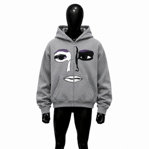 Sudadera con capucha y cremallera completa personalizada con arte gris, estilo urbano oversize, gráfico, unisex, informal, a la moda - Product Image 1