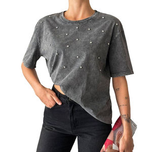 T-shirt Homme Oversize 100% Coton Délavé à l'Acide, Motif Perlé Thermocollé avec Strass Scintillants, Tissu Tissé – Grande Vente - Product Image 3