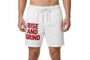 <b>Men's</b> <b>White</b> Embroidered Rise and Grind Breathable Polyester Casual Elastic Waist Drawstring Sporty Summer Beach <b>Shorts</b> - Product Image 4