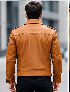 Men's mustard <b>colour</b> Leather Jacket turn down Collar button Closure Sleeve Autumn - Product Image 4
