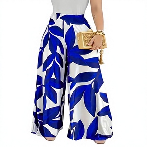 Pantalones de chifón con estampado de hojas azules de cintura alta, pantalones de corte recto con cintura elástica, pantalones casuales de verano para mujer - Product Image 3