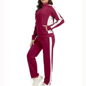 Ensemble de survêtement sportif pour homme, couleur bordeaux, avec panneaux latéraux rayés, en polyester tricoté, pour l'automne - Product Image 2