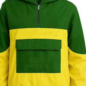 Veste coupe-vent de haute qualité pour femmes, contrastée jaune et verte, avec broderie de lettres grecques, capuche et logo personnalisé. - Product Image 6
