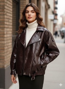 Brown Crocodile Embossed <b>Leather</b> <b>Jacket</b>, Oversized <b>Retro</b> Streetwear Coat - Product Image 1