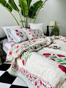 Designer Classic Luxury Hand-block Printed Mughal <b>Red</b> Poppy Cotton Jaipuri Quilt Set Premium Reversible Quilt Set For <b>Bedding</b> - Product Image 3