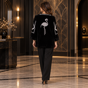 Chemisier de soirée de luxe en velours noir, broderie géométrique, col en V, manches larges, coupe ample |   Tenues de soirée élégantes pour femmes - Product Image 4