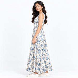 Robe longue florale bleu ivoire sans manches à col rond coupe trapèze décontractée pour femme – Fournisseur de vêtements de mode en gros OEM ODM - Product Image 2