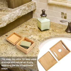 Bamboo Square <b>Soap</b> <b>Dish</b> Set of Four Minimalist Storage Box <b>with</b> <b>Lid</b> for Bathroom Use - Product Image 5
