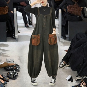 Combinaison en jean taille haute pour femme, coupe ample, longueur intégrale, couleur unie, avec poches, décontractée, respirante, pour l'automne - Product Image 3