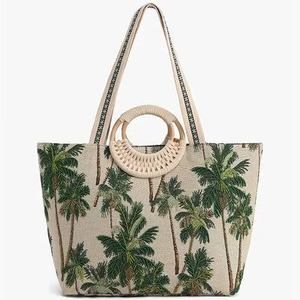 Bolso Tote con Estampado de Palmeras Tropicales, Asa de Madera, Bolso de Playa - Product Image 1