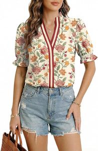 Women's Summer Boho Floral Ruffle Shirt Puff Short Sleeve V Neck Casual Trendy Cute Blouse <b>Tops</b> - Product Image 2