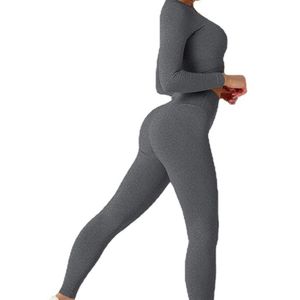 Conjunto de yoga anti-sudor para mujer, conjunto deportivo de 2 piezas ajustado al cuerpo, conjunto de yoga color nude para mujer, ropa de yoga acanalada sólida. - Product Image 2