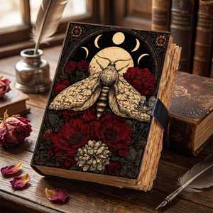 Carnet en spirale en cuir fait main, motif floral vintage, motif papillon et visage de lune - Product Image 5
