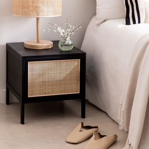 <b>Black</b> <b>Rattan</b> Wood Nightstand with Drawer Storage <b>Bedside</b> <b>Table</b> Modern Bedroom Furniture - Product Image 2