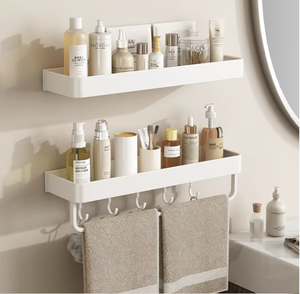 No Hole Wall Mounted Bathroom Towel Holder Aluminum Bath Towel <b>Rack</b> Space Saving Storage Shelf Organizer - Product Image 2