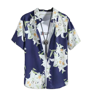 Chemise Hawaïenne Florale d'Été pour Homme à Manches Courtes, Décontractée, Respirante, Séchage Rapide, en Polyester/Coton, Imprimée Numérique, Motif Lys Blanc Marine - Product Image 6