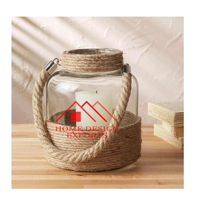 Décoration de mariage bocal à bougie en verre T support de lumière dernière décoration d'intérieur bocal à bougie en verre transparent lanterne avec poignée en jute - Product Image 1