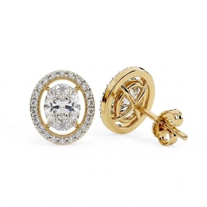 Boucles d'oreilles clous solitaires à halo géométrique en or blanc véritable 14K, avec diamant ovale flottant de laboratoire certifié IGI 0,50 carat et fermoir push-back - Product Image 5