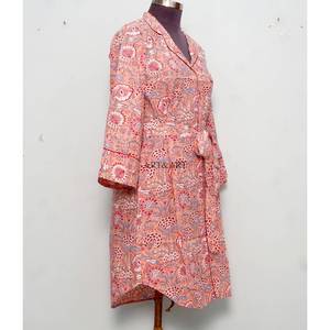 Indian <b>Boho</b> Women's Casual Dresses 100% Cotton Knitted Floral Print Long Sleeve V-Neck Bodycon Eco-Friendly Washable Button Dry - Product Image 5