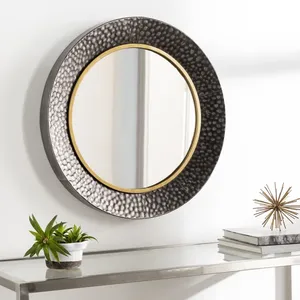 Modern Round Metal Wall Mirror With Hammered <b>Frame</b> And Gold Accents For Contemporary Home Decor Entryway Style - Product Image 1