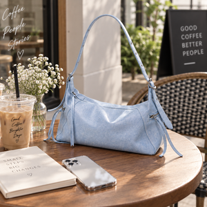 Sac à bandoulière bleu clair en similicuir PU, sac à main sous le bras grande capacité, souple, tendance, simple, brodé, pour le quotidien - Product Image 5