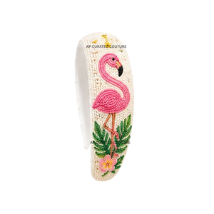 Diadema de flamenco con cuentas, banda para el pelo con flor de hibisco tropical, accesorio de moda para mujer, diadema ancha con cuentas de semillas - Product Image 1