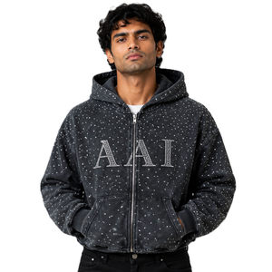 Sudaderas con capucha de algodón grueso con lavado ácido y pedrería termoadhesiva, personalizadas, oversize, cortas, informales, de felpa, al por mayor, OEM ODM, EE. UU. - Product Image 1