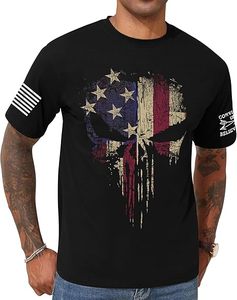 <b>Men's</b> Black Short Sleeve T-<b>Shirt</b> With American Flag <b>Skull</b> Print O-Neck Casual Regular Fit 100% Cotton Jersey Breathable - Product Image 3