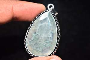 Colgante de Ágata Musgosa Chapado en Plata, Cabujón de Ágata Musgosa, Colgante de Ágata Musgosa con Corte Rosa - Product Image 4