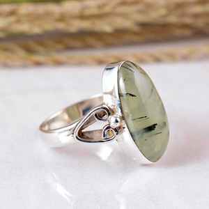 925 Sterling Silver Green Prehnite Oval Natural Gemstone <b>Ring</b> Handcrafted <b>Adjustable</b> Band Boho Hippie Style Bezel Setting Unique - Product Image 3