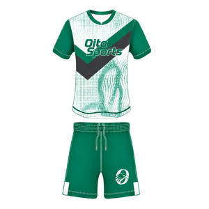 Ensemble uniforme de rugby vert émeraude, blanc et noir à manches courtes, maillot de rugby à col rond avec motif, short à cordon de serrage, performance athlétique - Product Image 1
