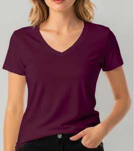 T-shirt à manches courtes et col en V pour femme, couleur bordeaux, coupe régulière, tricoté, haut d'été - Product Image 1