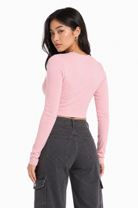 Blusa Corta de Manga Larga con Detalle Recortado Estilo Y2K para Mujer, Camisa de Punto Sólido Elástica, Ajuste Personalizado, Proveedor de Ropa de Boutique con Logotipo Personalizado - Product Image 2