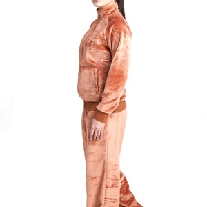 Ensemble de jogging en velours uni pour femme, grande taille, avec logo personnalisé en strass, comprenant un sweat à capuche court et un pantalon - Product Image 3