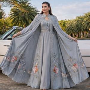 Caftán Musulmán Gris con Adornos, Conjunto de Capa para Mujer, Ropa Islámica, Abaya Marroquí, Vestido de Fiesta de Boda, Vestido Largo Recto - Product Image 5