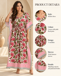 Robe Kaftan Rose Femme Motif Animalier Bohème Maxi Plage Col V Tenue de Vacances Coupe Ample Longue 100% Coton Respirant Vente en Gros Boutique - Product Image 5