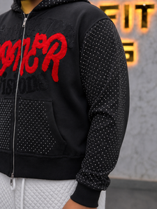 REXFIT SPORTS Men's Black Zip-Up <b>Hoodie</b> With <b>Red</b> Chenille Embroidery Heart Sleeve Print Relaxed Fit Streetwear Fleece Hood - Product Image 2
