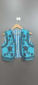 Chaleco Casual de Terciopelo para Mujer, Bordado Floral, con Logotipo en la Espalda, Ecológico, 100% Algodón, Corto, con Flores Rosas, Púrpuras/Azules - Product Image 2