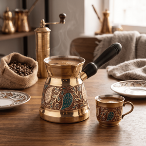 Handmade Brass <b>Turkish</b> Coffee <b>Pot</b> Floral Enamel Cezve Arabic Ibrik Greek Briki Stovetop Milk Warmer With Carved Dark Wood Handle - Product Image 4